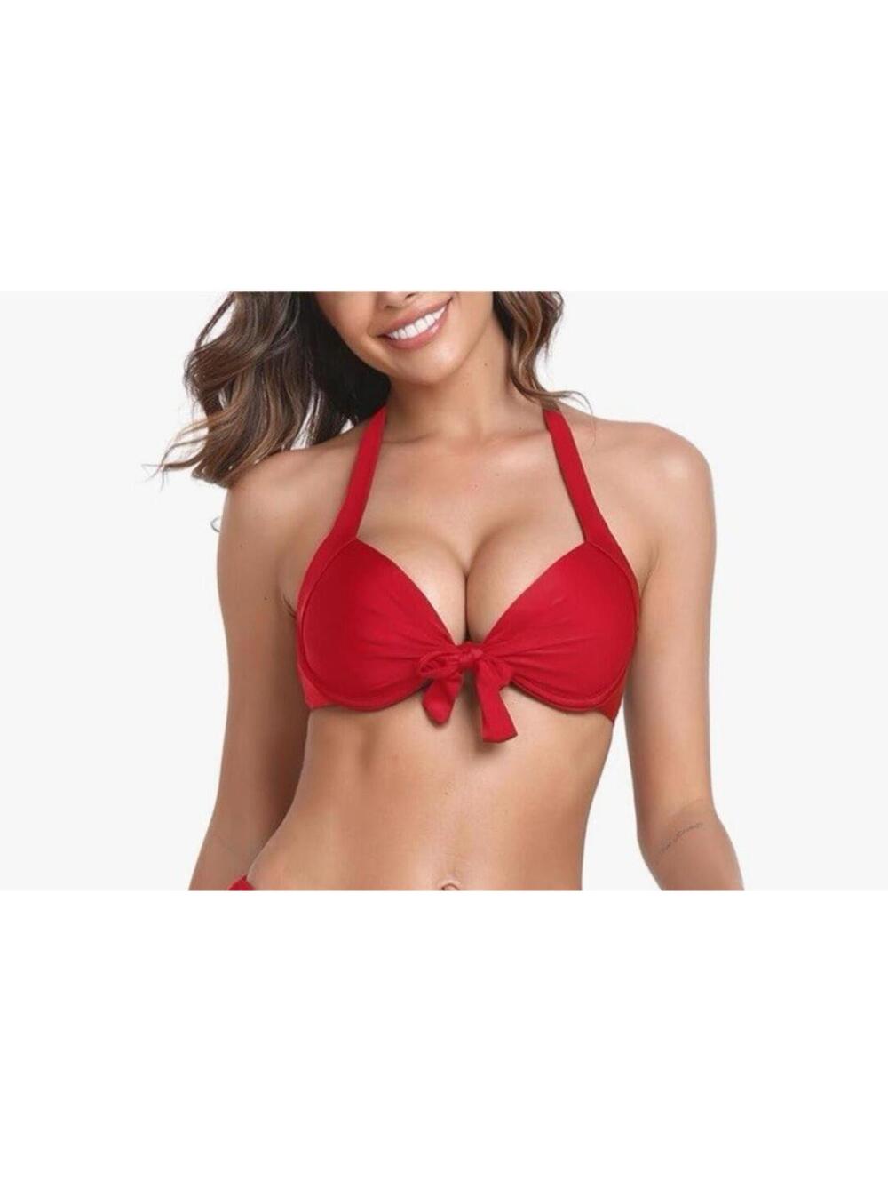 Colloyes Women's Two Piece Bikini Top Push Up Halter Red Size Large NWT